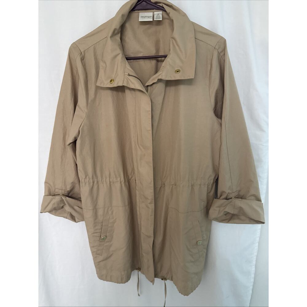 Zenergy by Chico's Jacket Womens 2 Beige Cinch Waist 3/4 Sleeve Snap Up Full Zip